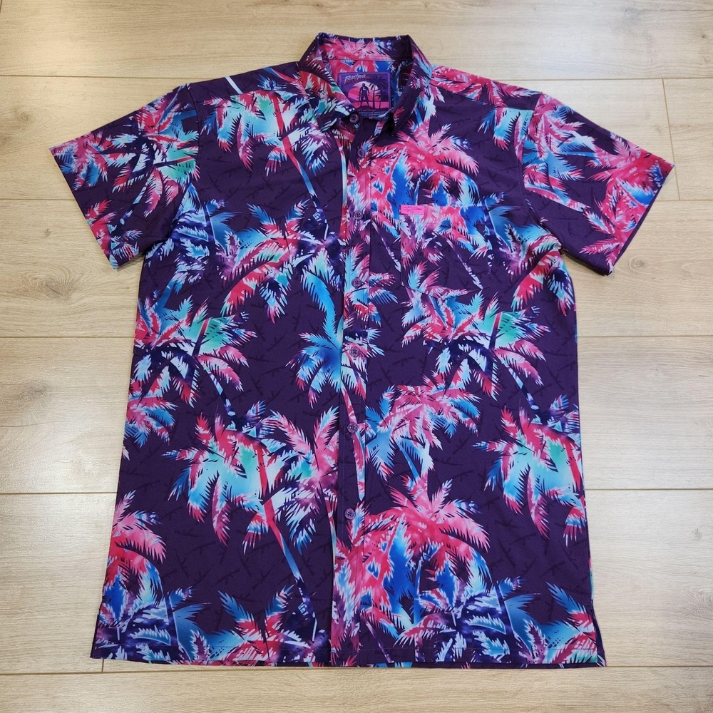 Retro Rifle Shirt Mens Large Purple AKs and Vacays Hawaiian Short Sleeve Stretch